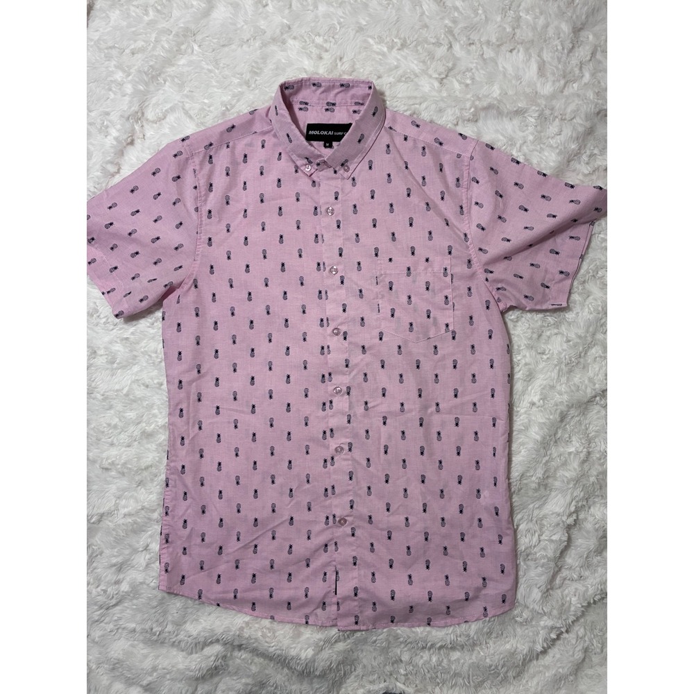 Molokai Surf Co Mens Pink Pineapple Print Short Sleeve Button Down Shirt Medium